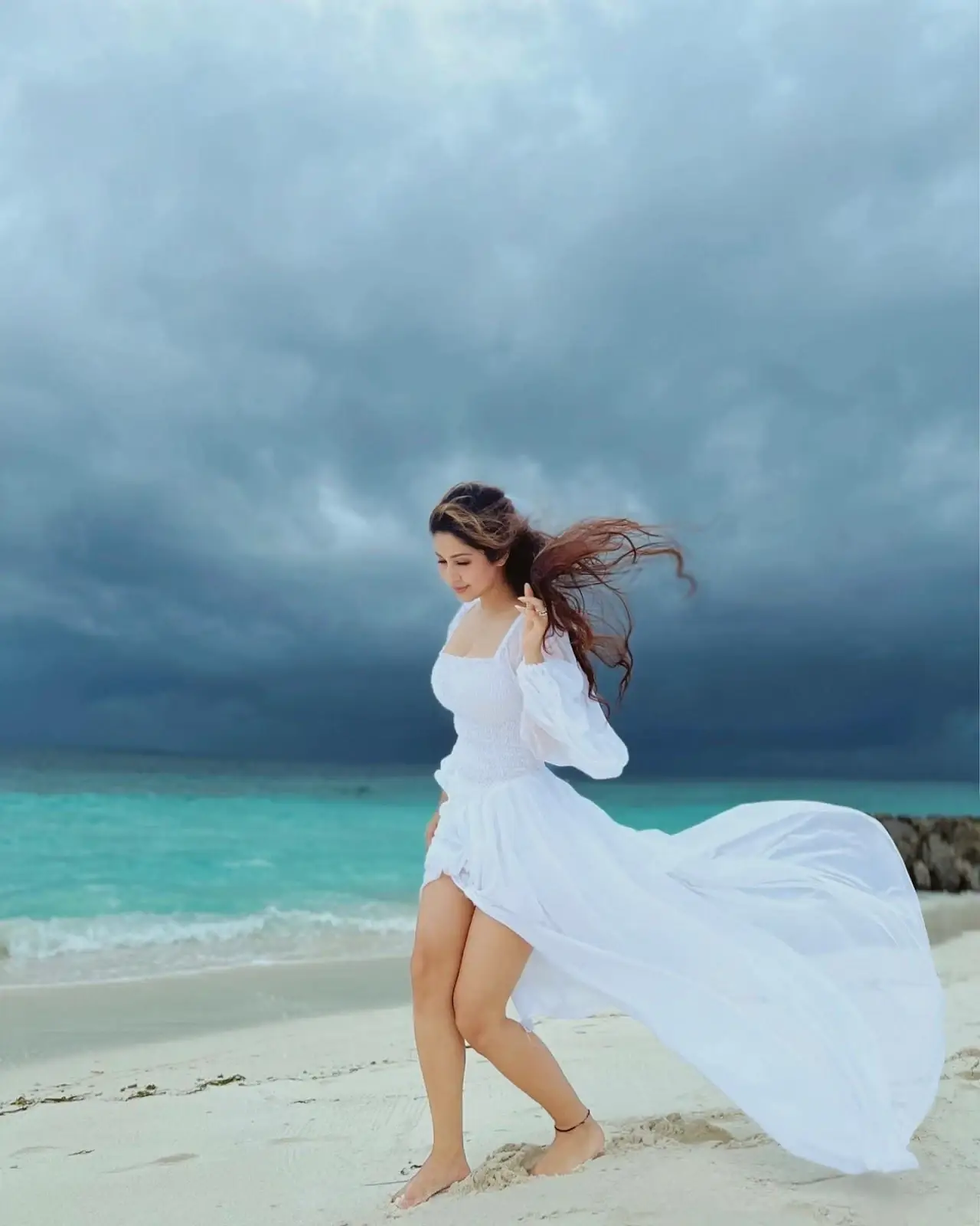 North Indian Girl Sonarika Bhadoria Long Legs Show in White Top